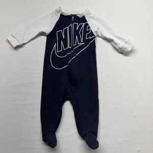 Nike Baby Footed Sleeper 6M Navy White Logo Zip Cotton One Piece Pajamas